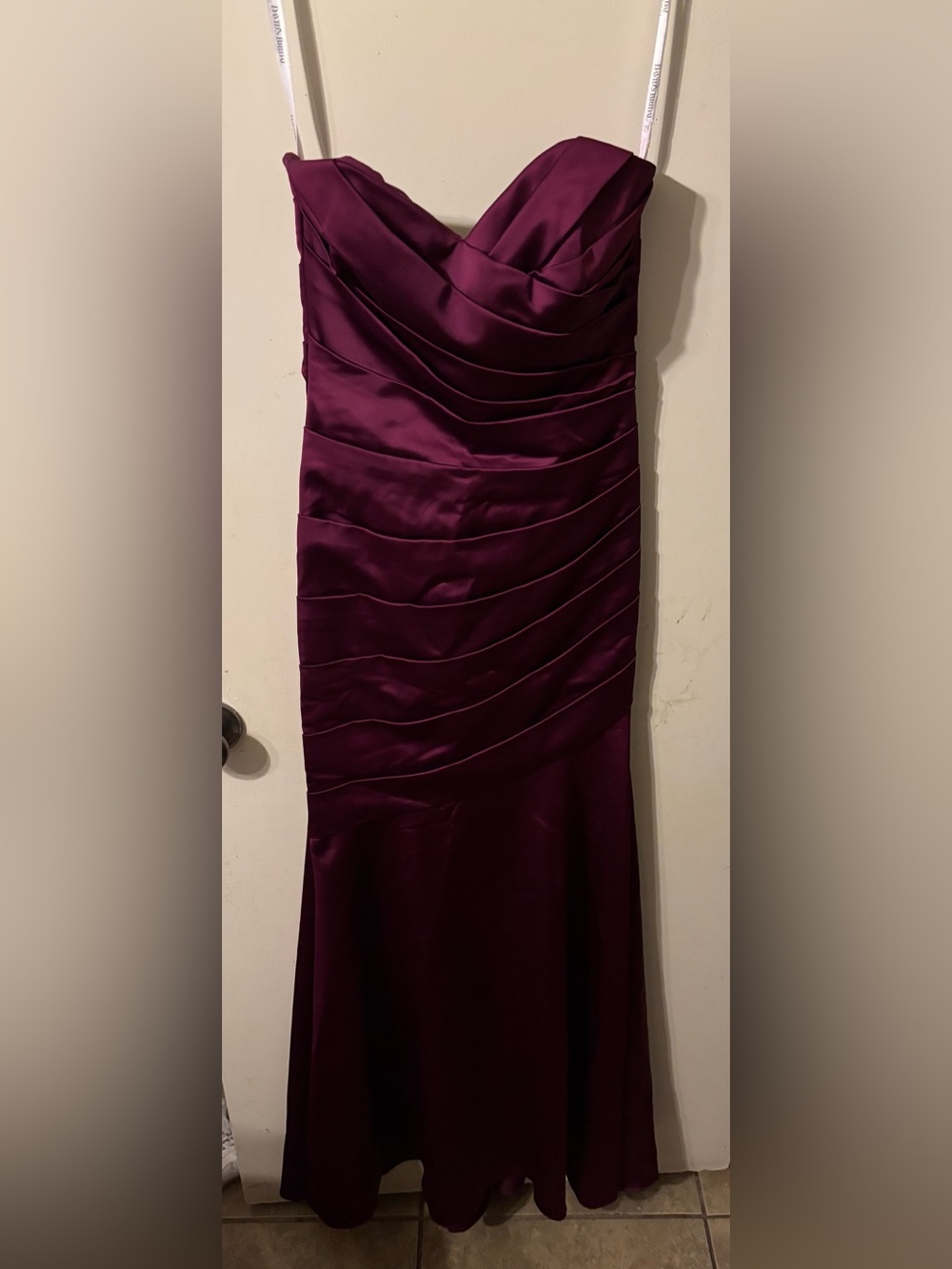 Satin Ruched Evening Gown in Deep Plum